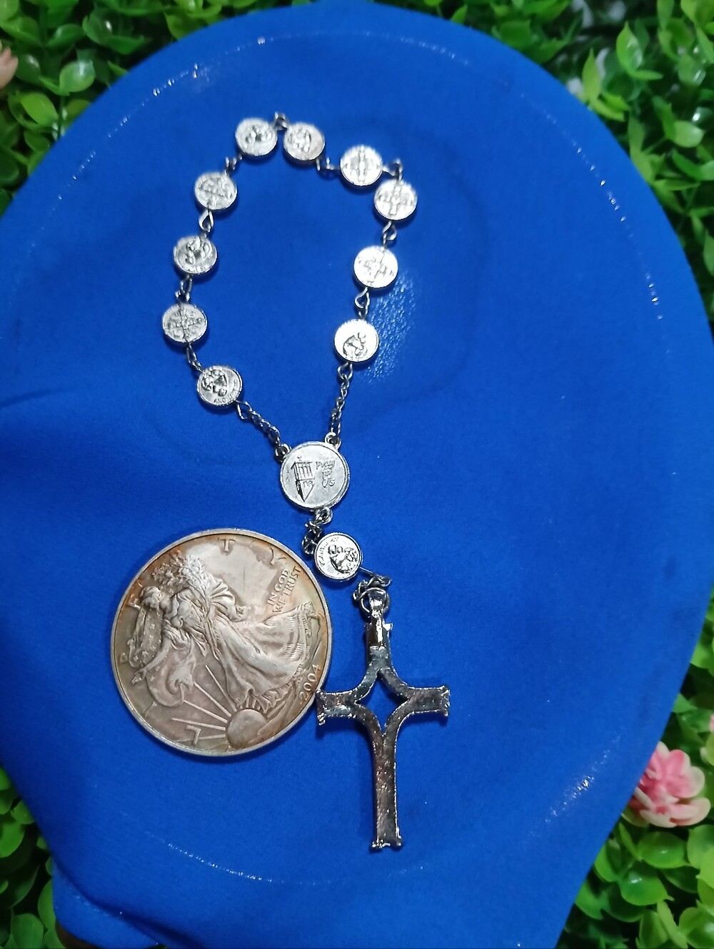 Silver-Tone Religious Rosary Charm Bracelet - Blue Accent
